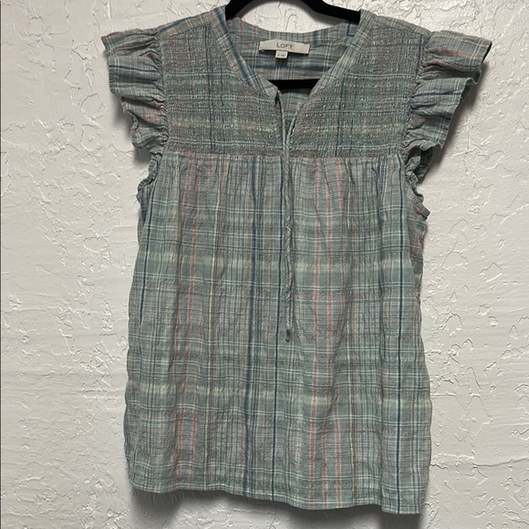LOFT Mint Green Blue Flutter Sleeve Blouse with Ruffled Tie Smocked Front - Picture 1 of 6